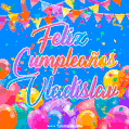 A vibrant animated GIF with 'Feliz Cumpleaños Vladislav' written in colorful script, surrounded by balloons, confetti, and bunting on a bright blue background.