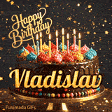 A personalized greeting card for Vladislav featuring a chocolate cake with colorful toppings on a sparkly starry background.