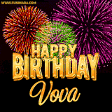 A golden 'Happy Birthday Vova' message with vibrant fireworks in the background, creating a festive and celebratory vibe in this animated name GIF.