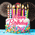 Amazing Animated GIF Image for Vraj with Birthday Cake and Fireworks