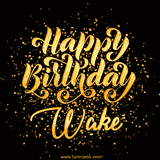 Animated GIF with colorful, festive 'Happy Birthday Wake' text decorated with patterns, a party hat, and falling confetti. A vibrant and cheerful design for birthday celebrations.
