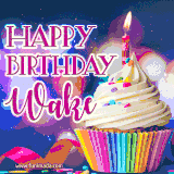 A festive animated GIF featuring a colorful cupcake with a single lit candle, sprinkles, and 'Happy Birthday Wake' text against a sparkling, celebratory background.