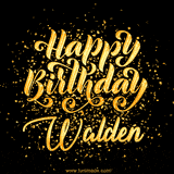 Animated GIF with colorful, festive 'Happy Birthday Walden' text decorated with patterns, a party hat, and falling confetti. A vibrant and cheerful design for birthday celebrations.