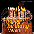 A rich chocolate cake topped with glowing birthday candles and surrounded by bright fireworks. The animated GIF displays the message 'Happy Birthday Walden' in golden text.