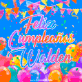 A vibrant animated GIF with 'Feliz Cumpleaños Walden' written in colorful script, surrounded by balloons, confetti, and bunting on a bright blue background.