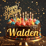 Multi-colored dollops of frosting and burning birthday candles on a chocolate glaze cake, custom-designed for Walden.