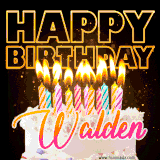 A vibrant animated GIF featuring a delicious birthday cake topped with glowing candles and the name 'Walden' in elegant script, and the words 'Happy Birthday' on the black background.