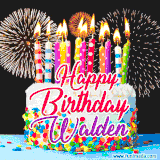 A lively happy birthday animated GIF showcasing a colorful birthday cake covered in sprinkles, topped with glowing candles, and surrounded by vibrant fireworks. The name 'Walden' is featured in elegant script.