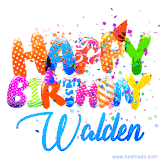Animated GIF with colorful, festive 'Happy Birthday Walden' text decorated with patterns, a party hat, and falling confetti. A vibrant and cheerful design for birthday celebrations.