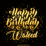 Animated GIF with colorful, festive 'Happy Birthday Waleed' text decorated with patterns, a party hat, and falling confetti. A vibrant and cheerful design for birthday celebrations.