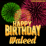 A captivating GIF with bursts of green, pink, and orange fireworks lighting up the night sky, accompanied by 'Happy Birthday Waleed' in glowing golden text.