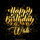 Animated GIF with colorful, festive 'Happy Birthday Wali' text decorated with patterns, a party hat, and falling confetti. A vibrant and cheerful design for birthday celebrations.