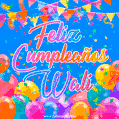 A vibrant animated GIF with 'Feliz Cumpleaños Wali' written in colorful script, surrounded by balloons, confetti, and bunting on a bright blue background.