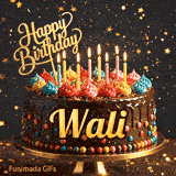 A chocolate drip birthday cake on a stand with colorful frosting and lit candles, featuring the name Wali in glowing yellow letters.