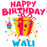 A funny animated birthday GIF with the words 'Happy Birthday Walia', colorful gift box with arms and legs, holding a cupcake with a lit candle  with confetti everywhere.