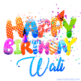 Animated GIF with colorful, festive 'Happy Birthday Wali' text decorated with patterns, a party hat, and falling confetti. A vibrant and cheerful design for birthday celebrations.