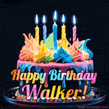 A vibrant animated GIF featuring a colorful rotating birthday cake with bright frosting swirls, glowing candles, and the text 'Happy Birthday Walker!' in rainbow colors.