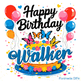 A colorful cake topped with pink, orange, blue, and yellow butterflies, designed as a birthday GIF for Walker.