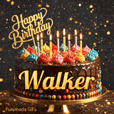 Festive birthday card animation with a chocolate cake, bright lit candles, and gold glittery text saying Happy Birthday Walker.