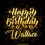 Animated GIF with colorful, festive 'Happy Birthday Wallace' text decorated with patterns, a party hat, and falling confetti. A vibrant and cheerful design for birthday celebrations.