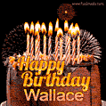 A rich chocolate cake topped with glowing birthday candles and surrounded by bright fireworks. The animated GIF displays the message 'Happy Birthday Wallace' in golden text.
