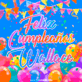 A vibrant animated GIF with 'Feliz Cumpleaños Wallace' written in colorful script, surrounded by balloons, confetti, and bunting on a bright blue background.