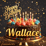 Glittery dark background with golden stars behind a chocolate birthday cake with the name Wallace written on the front.