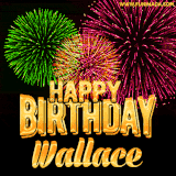 A captivating GIF with bursts of green, pink, and orange fireworks lighting up the night sky, accompanied by 'Happy Birthday Wallace' in glowing golden text.