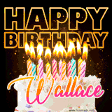 A vibrant animated GIF featuring a delicious birthday cake topped with glowing candles and the name 'Wallace' in elegant script, and the words 'Happy Birthday' on the black background.