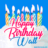 A cheerful animated GIF featuring colorful lit birthday candles on a white cake, with the text 'Happy Birthday Walt' in bold red and blue script on a bright blue background.