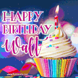 A festive animated GIF featuring a colorful cupcake with a single lit candle, sprinkles, and 'Happy Birthday Walt' text against a sparkling, celebratory background.