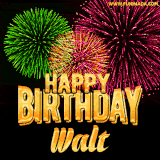 A captivating GIF with bursts of green, pink, and orange fireworks lighting up the night sky, accompanied by 'Happy Birthday Walt' in glowing golden text.