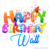 Animated GIF with colorful, festive 'Happy Birthday Walt' text decorated with patterns, a party hat, and falling confetti. A vibrant and cheerful design for birthday celebrations.