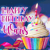 A festive animated GIF featuring a colorful cupcake with a single lit candle, sprinkles, and 'Happy Birthday Waris' text against a sparkling, celebratory background.