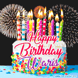 A lively happy birthday animated GIF showcasing a colorful birthday cake covered in sprinkles, topped with glowing candles, and surrounded by vibrant fireworks. The name 'Waris' is featured in elegant script.