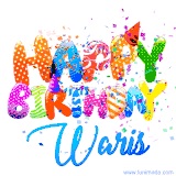 Animated GIF with colorful, festive 'Happy Birthday Waris' text decorated with patterns, a party hat, and falling confetti. A vibrant and cheerful design for birthday celebrations.