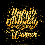 Animated GIF with colorful, festive 'Happy Birthday Warner' text decorated with patterns, a party hat, and falling confetti. A vibrant and cheerful design for birthday celebrations.