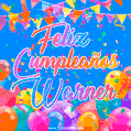 A vibrant animated GIF with 'Feliz Cumpleaños Warner' written in colorful script, surrounded by balloons, confetti, and bunting on a bright blue background.