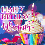 A festive animated GIF featuring a colorful cupcake with a single lit candle, sprinkles, and 'Happy Birthday Warner' text against a sparkling, celebratory background.