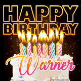 A vibrant animated GIF featuring a delicious birthday cake topped with glowing candles and the name 'Warner' in elegant script, and the words 'Happy Birthday' on the black background.
