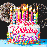 A lively happy birthday animated GIF showcasing a colorful birthday cake covered in sprinkles, topped with glowing candles, and surrounded by vibrant fireworks. The name 'Warner' is featured in elegant script.