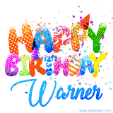 Animated GIF with colorful, festive 'Happy Birthday Warner' text decorated with patterns, a party hat, and falling confetti. A vibrant and cheerful design for birthday celebrations.
