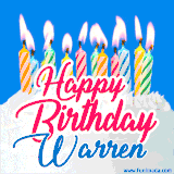 A cheerful animated GIF featuring colorful lit birthday candles on a white cake, with the text 'Happy Birthday Warren' in bold red and blue script on a bright blue background.