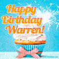 A cheerful animated GIF of a cupcake with creamy frosting, a red checkered ribbon, and a bright sparkler on top. The text 'Happy Birthday Warren!' is displayed in vibrant orange and red.