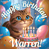 A playful tabby cat sits behind a colorful birthday cake surrounded by balloons and confetti, with 'Happy Birthday Warren!' written above in festive letters.