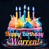 A vibrant animated GIF featuring a colorful rotating birthday cake with bright frosting swirls, glowing candles, and the text 'Happy Birthday Warren!' in rainbow colors.