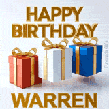 Clean and professional 3D animated Happy Birthday Warren design featuring three bouncing gifts casting dynamic shadows on a white studio floor
