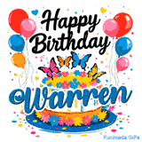 An animated graphic showing a cake decorated with little flowers and topped with butterflies, personalized for Warren.