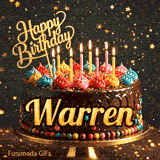 Sparkly birthday GIF of a chocolate frosted cake with burning candles on top and the name Warren in elegant writing.