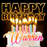 A vibrant animated GIF featuring a delicious birthday cake topped with glowing candles and the name 'Warren' in elegant script, and the words 'Happy Birthday' on the black background.